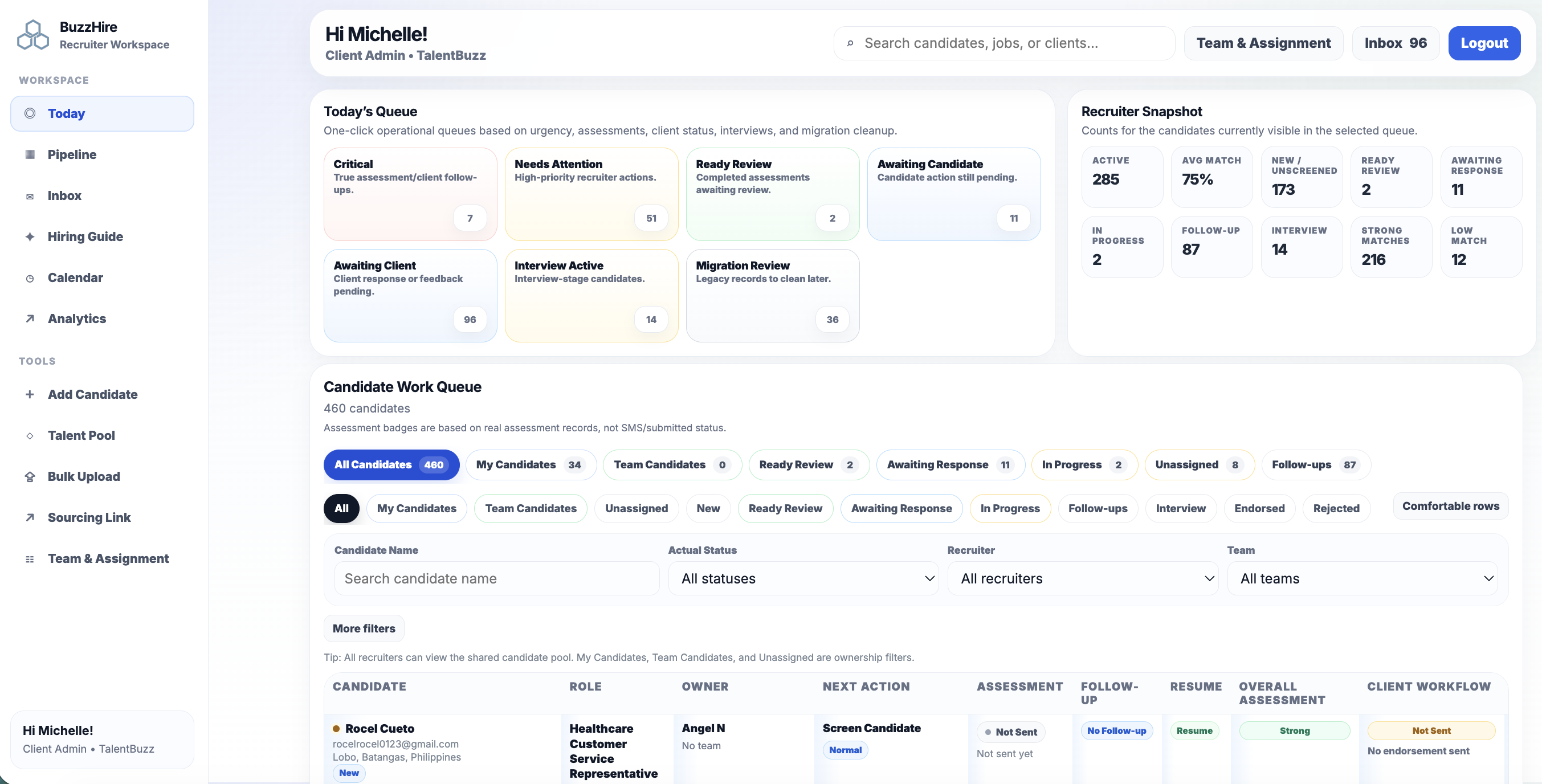 BuzzHire recruiter workspace dashboard